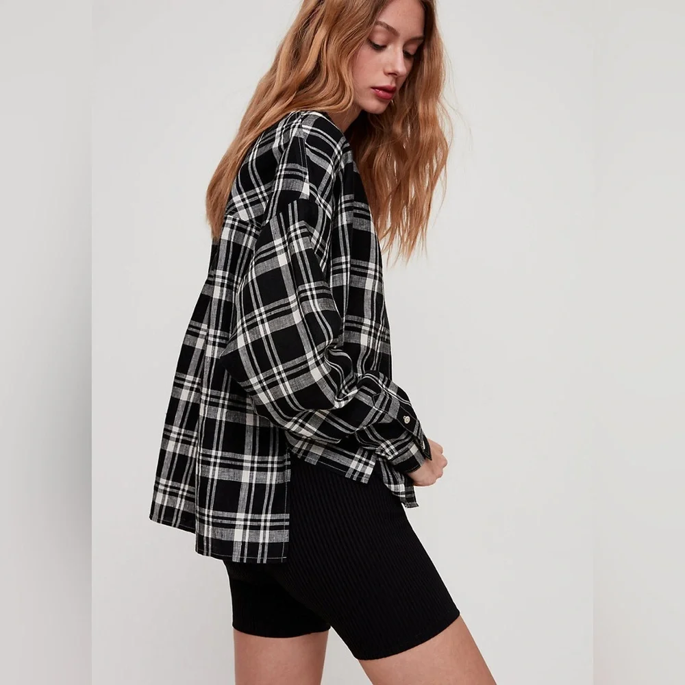 Aritzia Wilfred plaid Tanis linen button top sz xxs work once - Picture 10 of 12